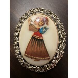 Vintage Tancer Jewelry Kitchy Angel Ponytail Girl Mid Century Cameo Oval Pin